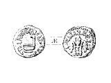 Pontius Pilate, Copper coin of. 1st AD 29: Top Left: `of Tiberius Caesar`, a sacred vessel. Top Right: `Julius Caesar`s (mother) (Livia), three ears of wheat.